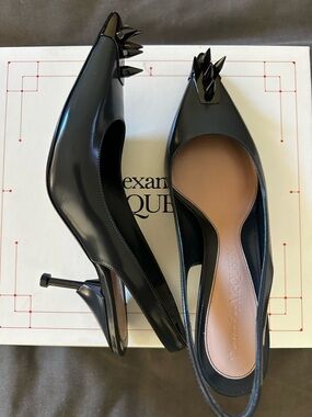Alexander McQueen Black Patent Pointed Toe Spike Slingback Pumps